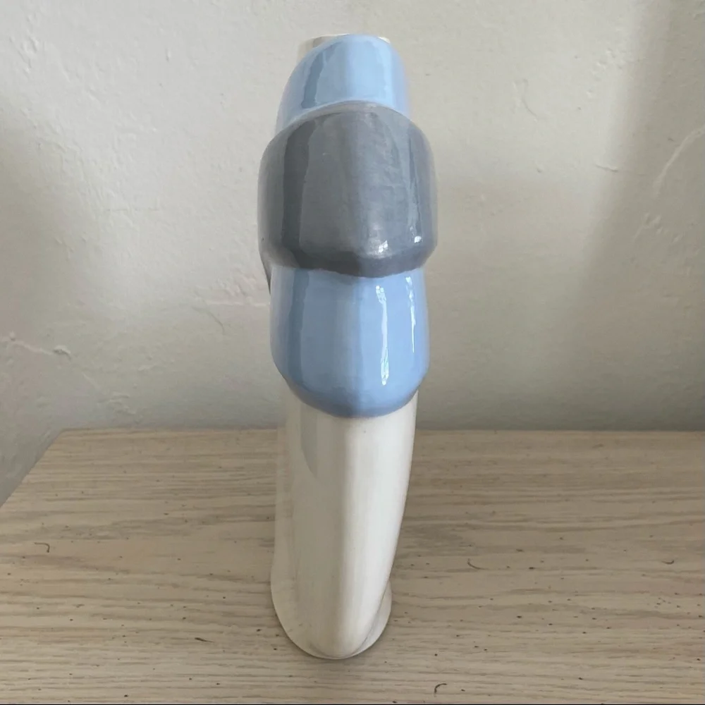 Vintage 1980s Art Deco Style Cornflower Blue and Cream Flat Round Ceramic Vase